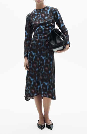 MANGO Draped Long Sleeve Satin Midi Dress