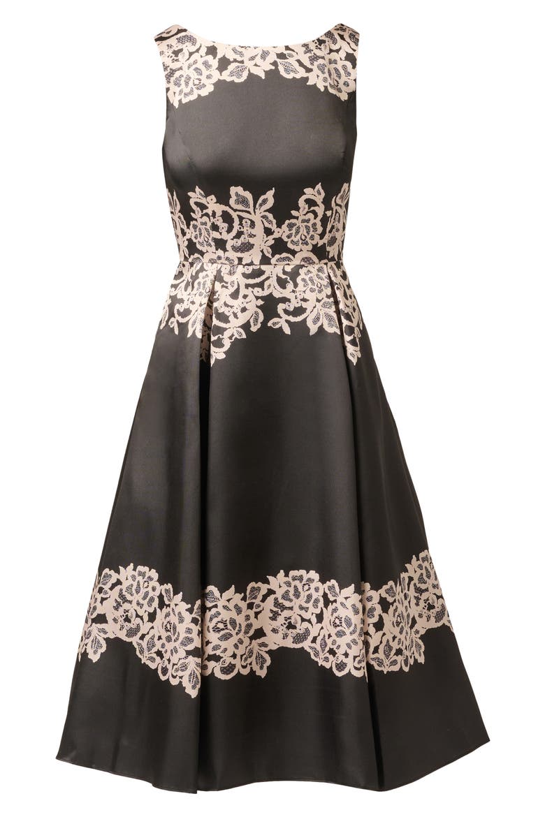Lace Print Mikado Cocktail Dress, Alternate, color, BLACK/ ECRU