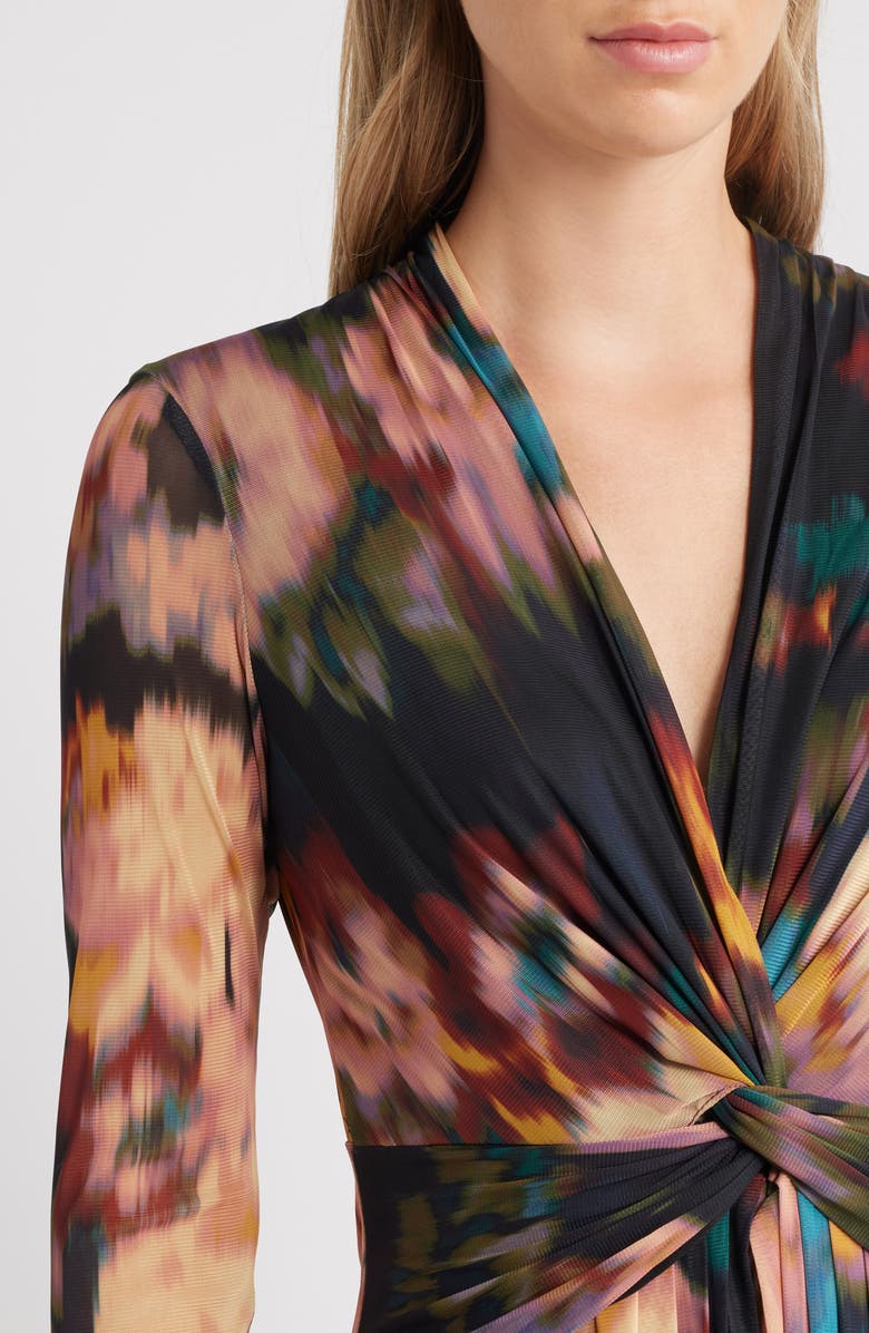Anne Klein Blurred Floral Twist Front Long Sleeve Mesh Maxi Dress, Alternate, color, Blurred Floating Flora