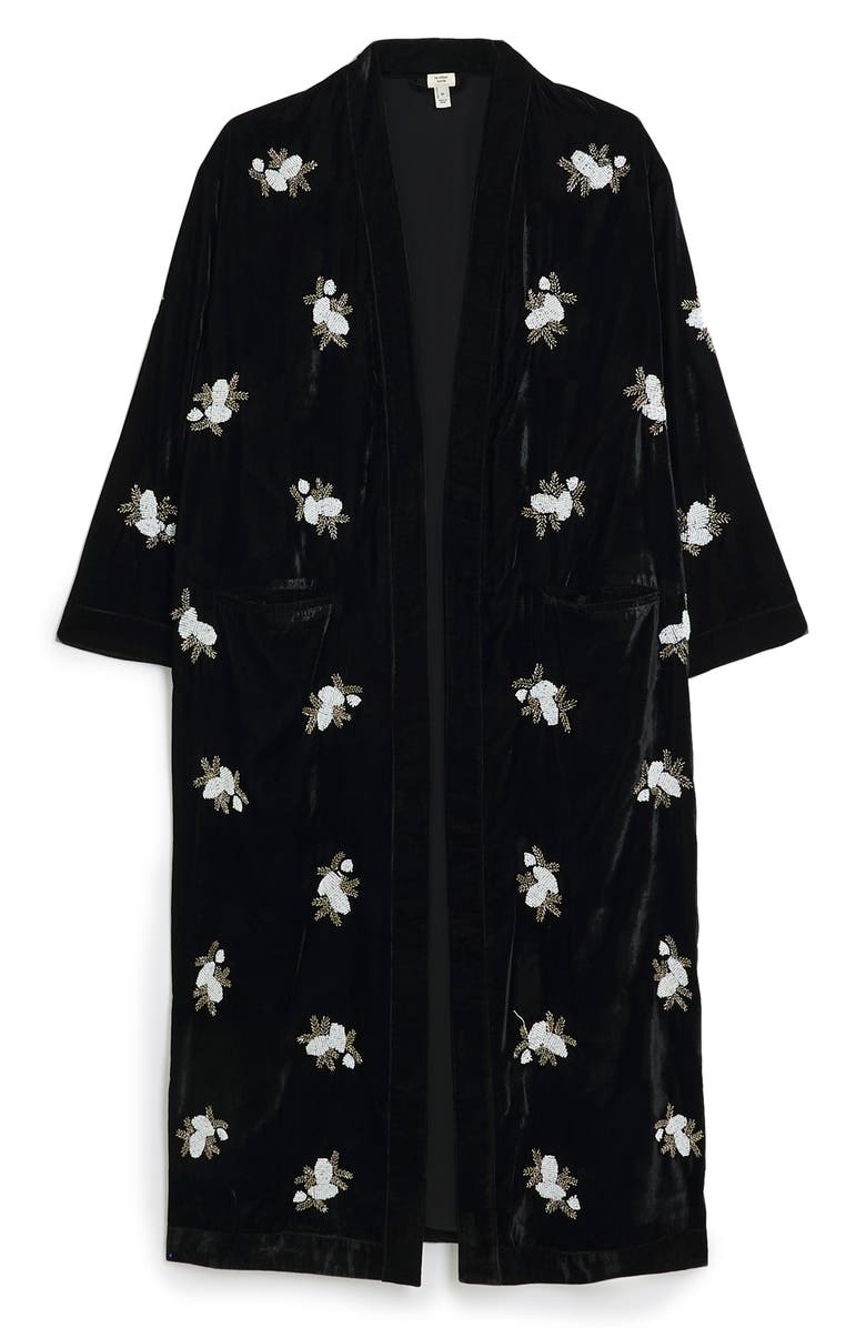 River Island Beaded Floral Open Front Velvet Duster, Alternate, color, Black