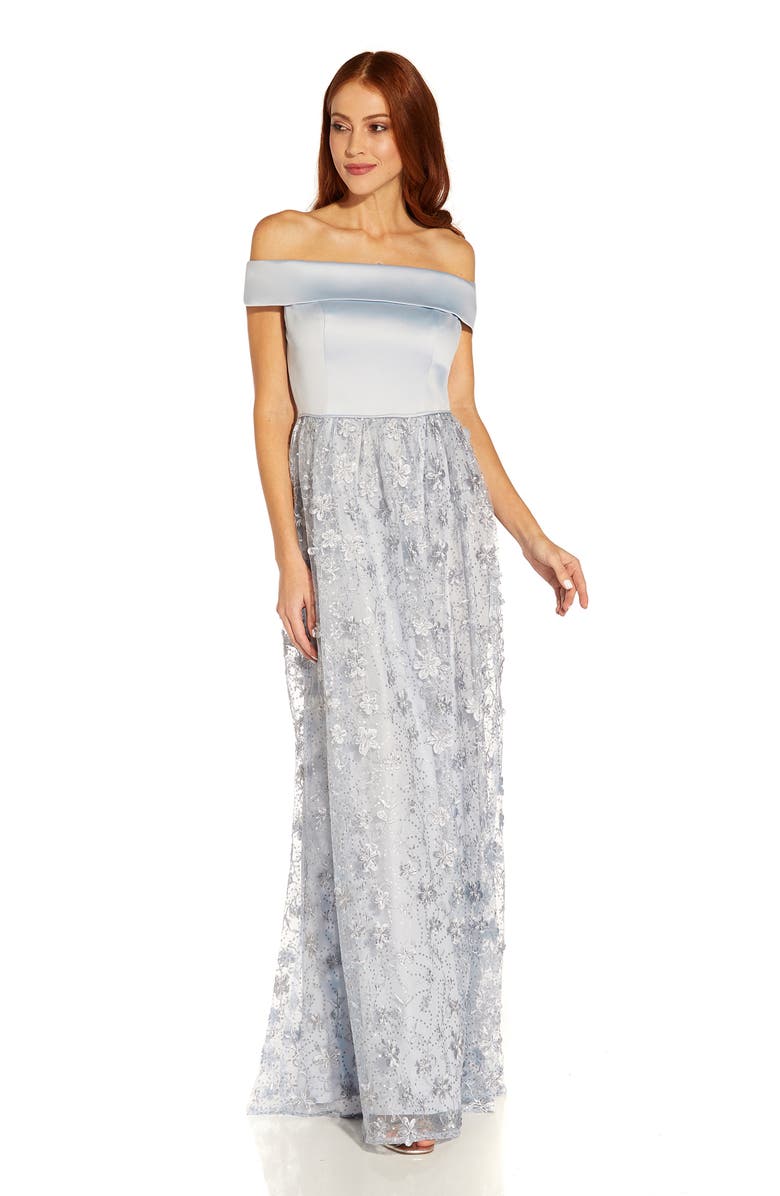 Adrianna Papell Embroidered Floral Off the Shoulder Gown, Alternate, color, 