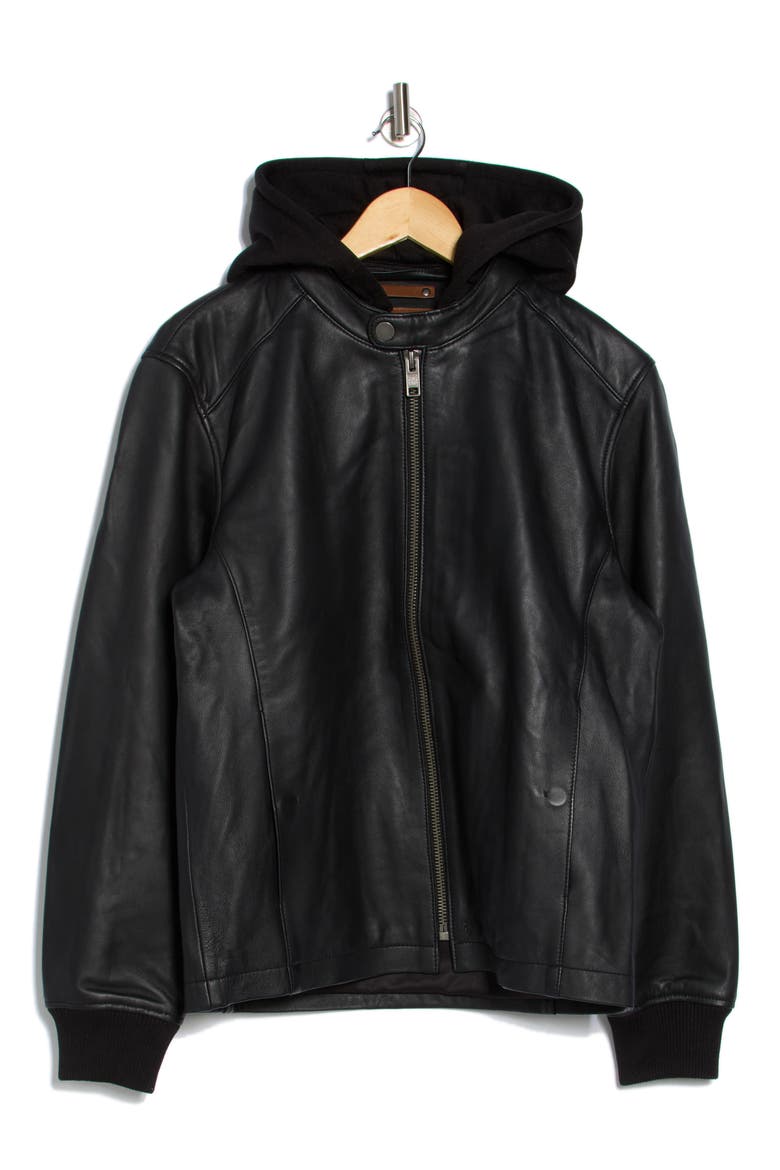 Cafe Racer Removable Hood Leather Jacket, Alternate, color, BLACK
