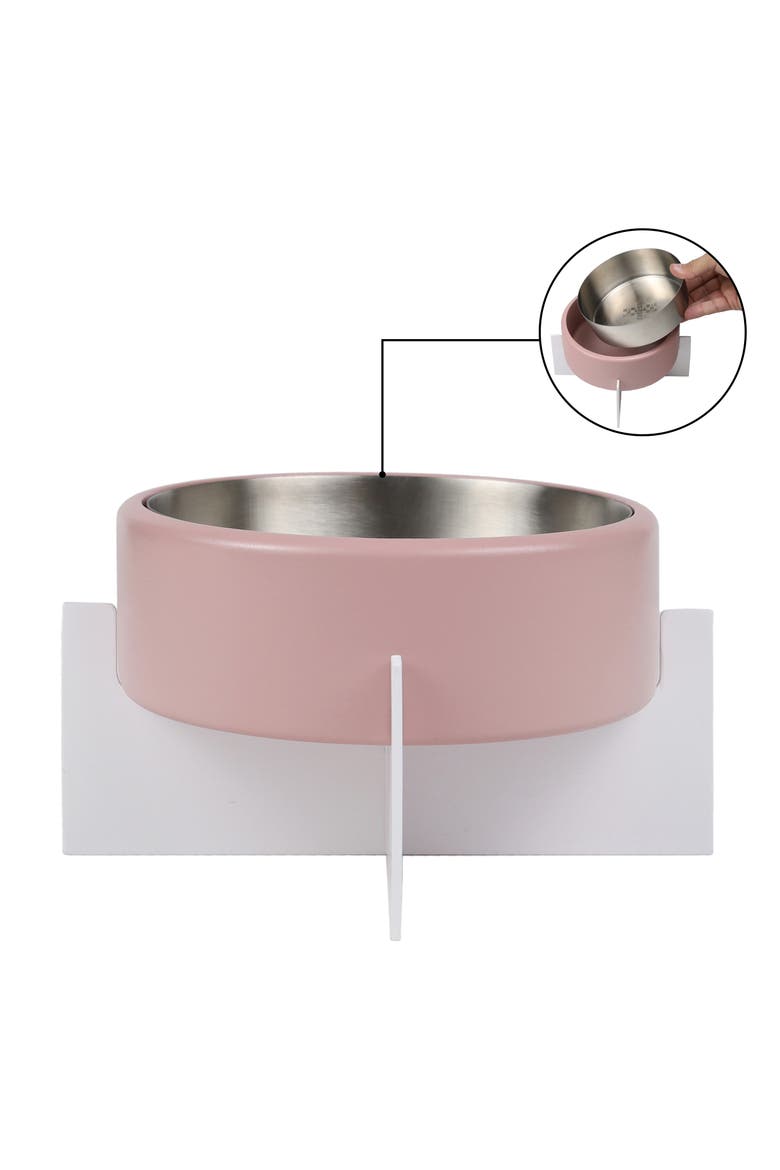 Intersecta Concrete and Stainless Steel Bowl with Metal Stand Pet Feeder, Alternate, color, Pink/White