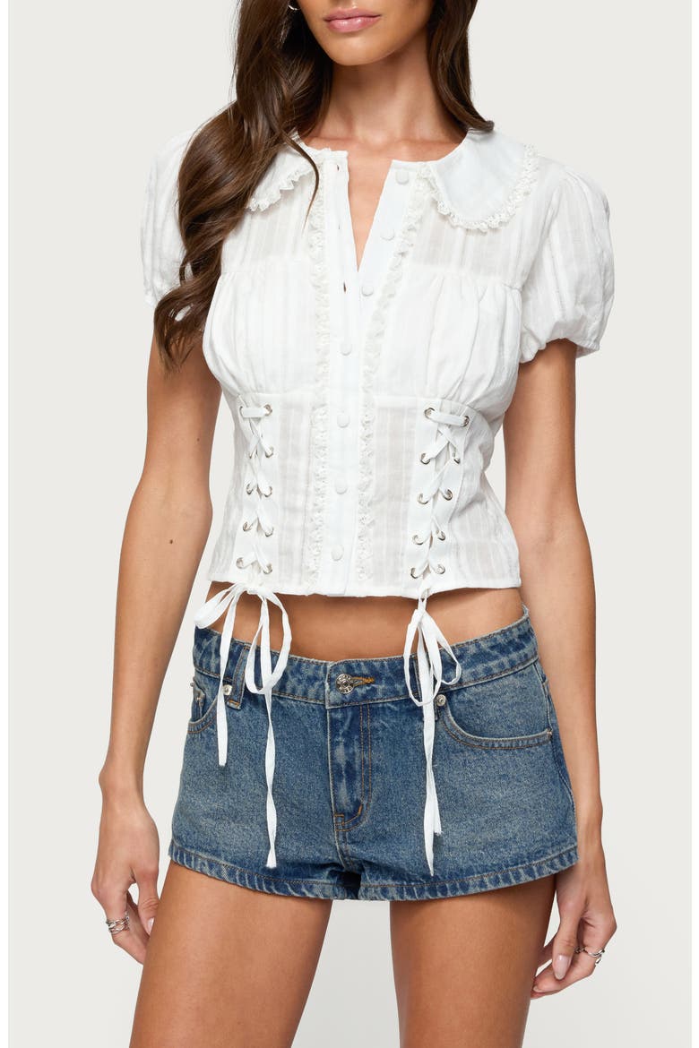 Valera Lace-Up Cotton Button-Up Shirt, Main, color, WHITE