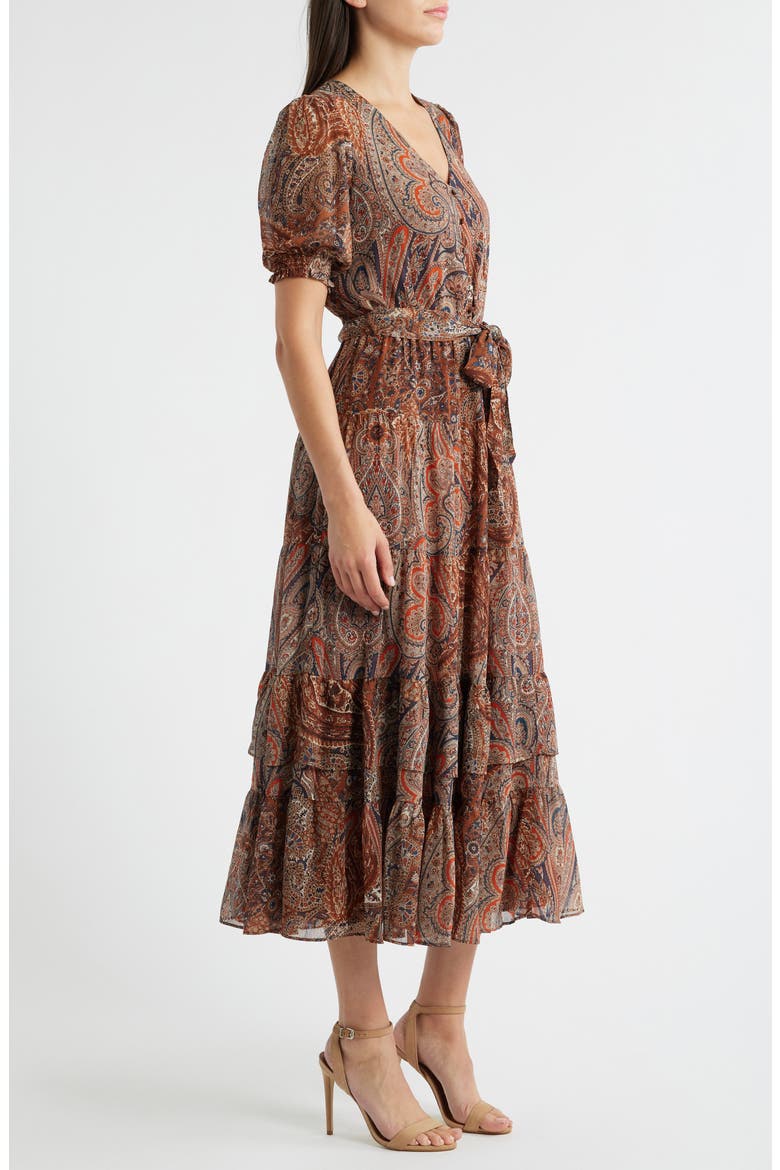 Paisley Belted Crinkle Georgette Midi Dress, Alternate, color, CREAM MULTI