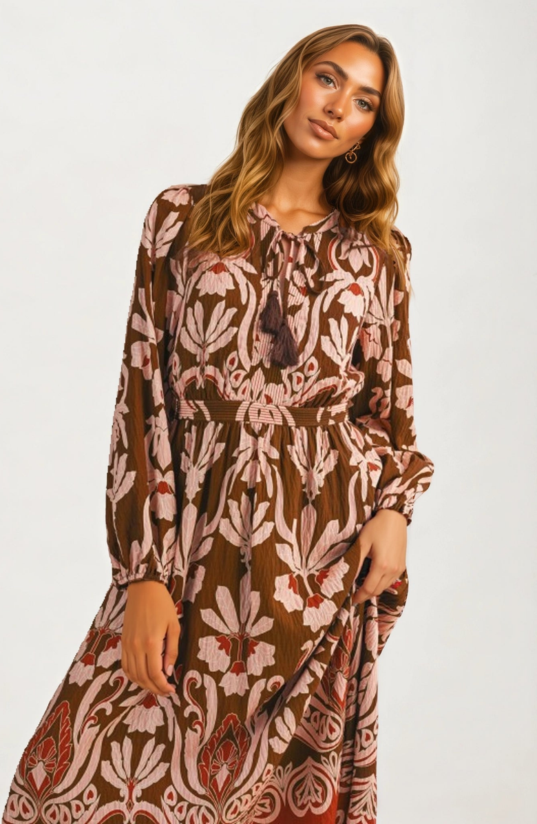 Knit and Lounge Long Sleeve Midi Dress with Tie Neck and Flowing Silhouette, Alternate, color, Brown