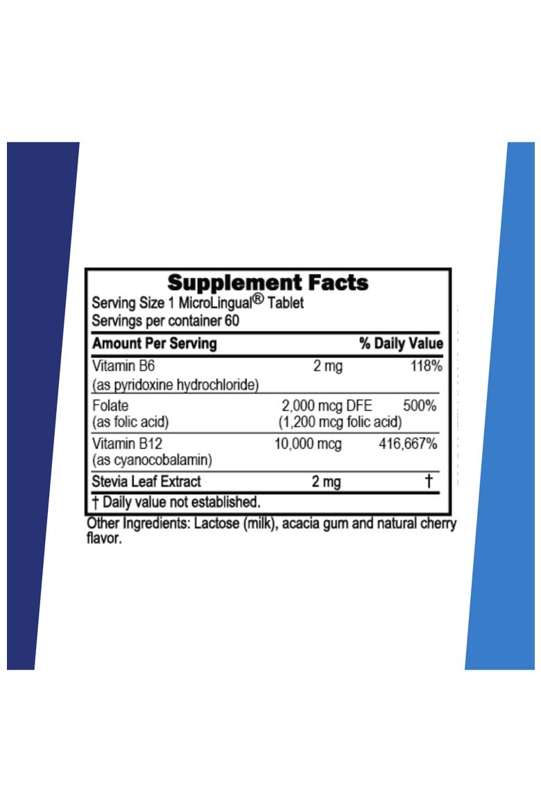 No Shot Vitamin B-12 Cyanocobalamin B-6 Folic Acid Sublingual Dissolving Tablets, Alternate, color, White