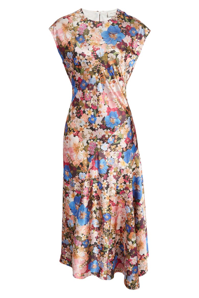 Slanno Floral Asymmetric Hem Midi Dress, Alternate, color, BLACK
