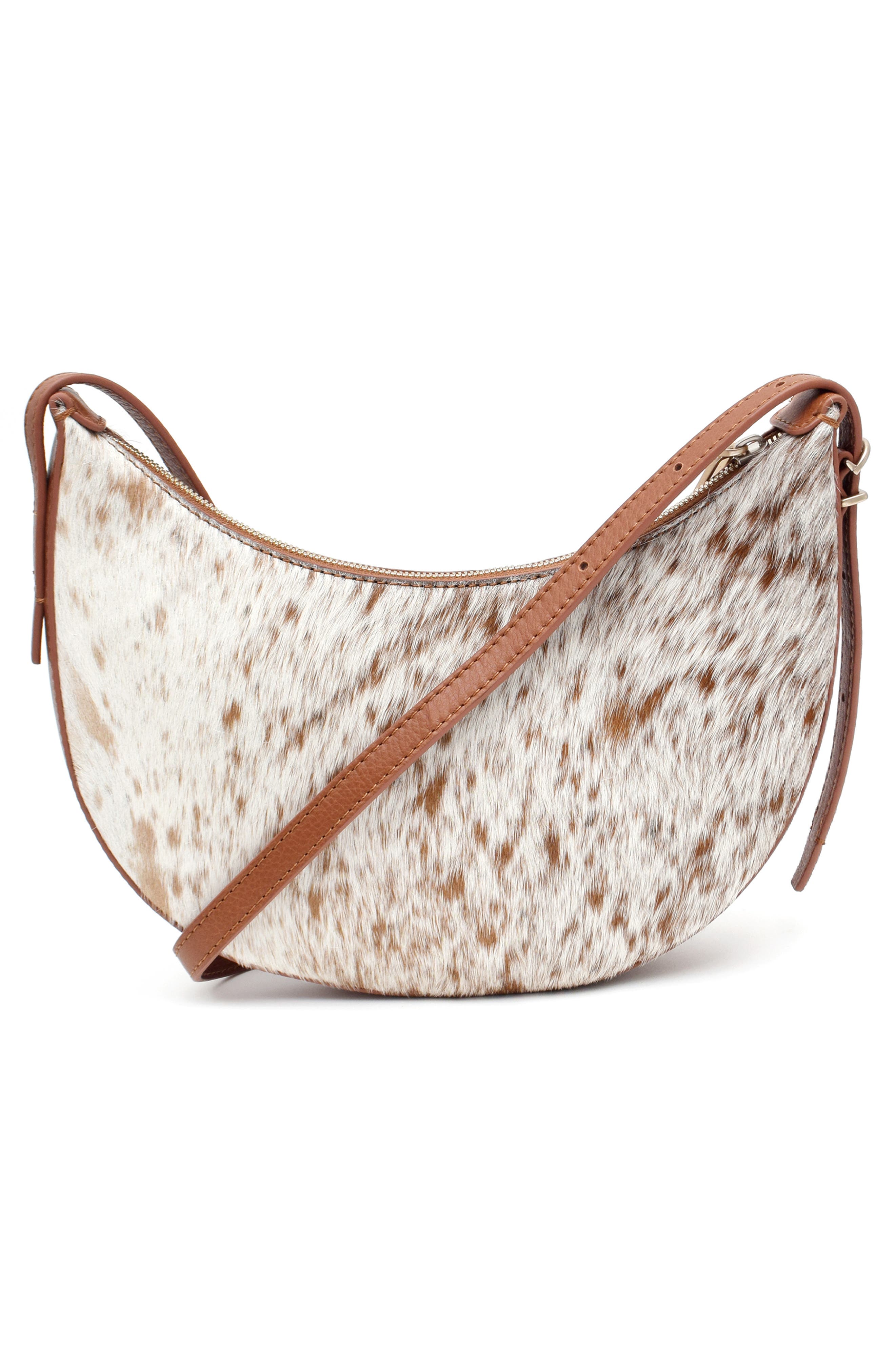 New Amsterdam Leatherworks Silas Genuine Calf Hair Saddle Bag, Alternate, color, Chestnut/ Ivory