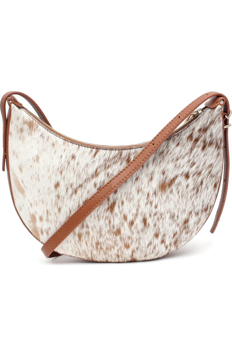 New Amsterdam Leatherworks Silas Genuine Calf Hair Saddle Bag, Alternate, color, Chestnut/ Ivory
