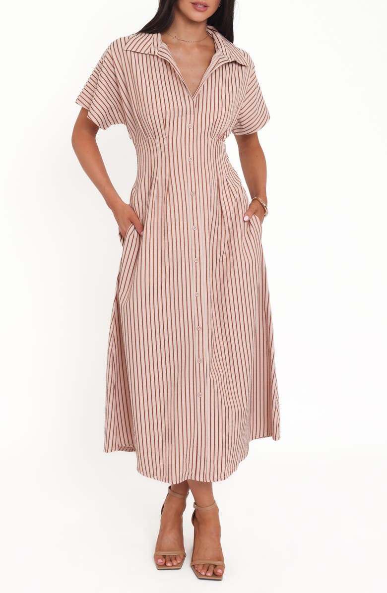 Petal & Pup Eilis Stripe Midi Shirtdress, Main, color, Brown Stripe