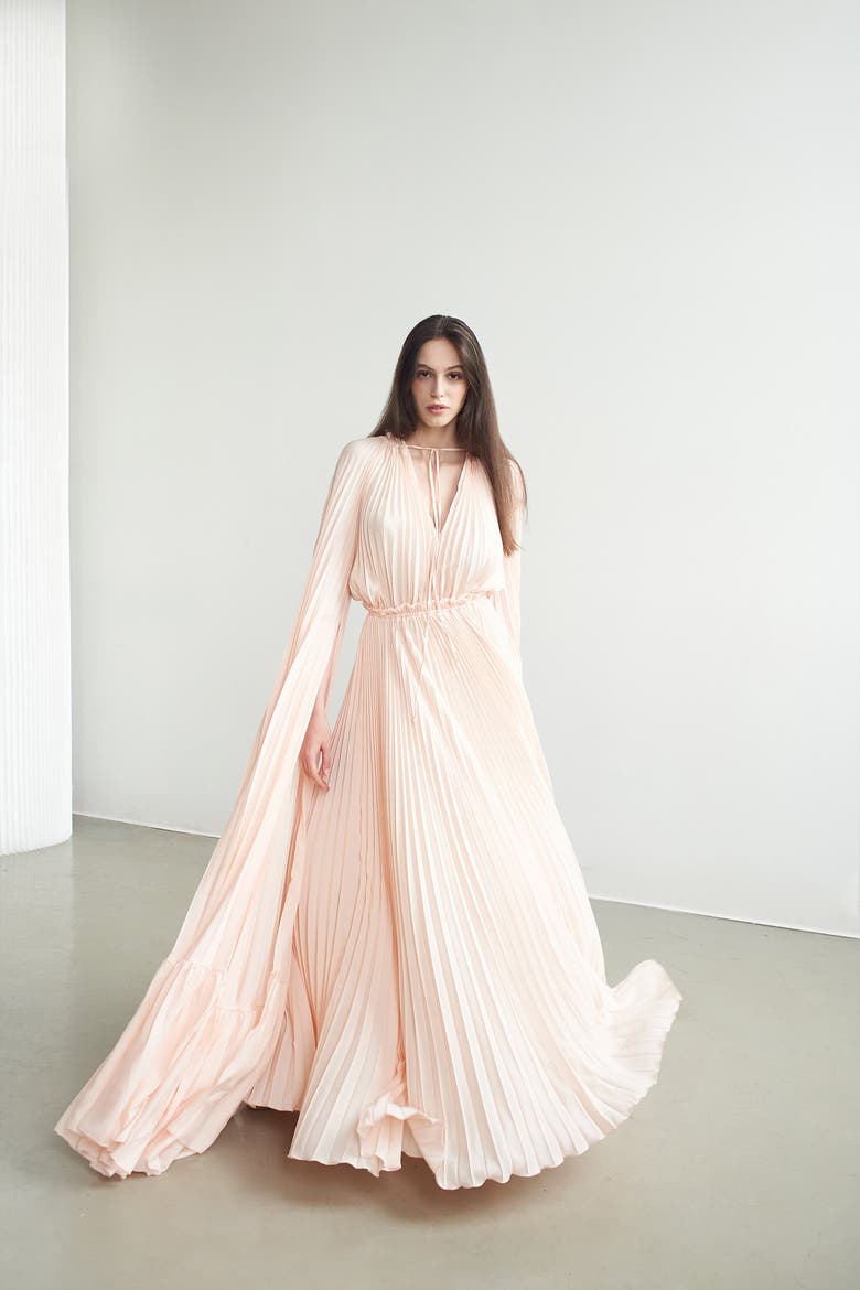 Zaria Plisse Cape Gown Peach Dust, Alternate, color, Peach