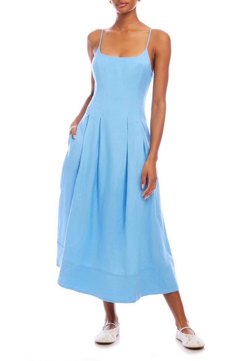 Jessa Pleated Linen Blend Midi Sundress, Main, color, LAKE
