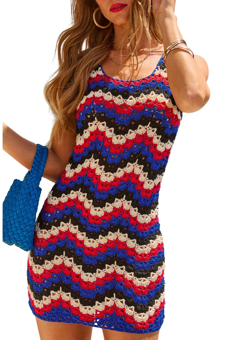 Endless Vacay Semisheer Crochet Minidress, Alternate, color, RED/ BLUE