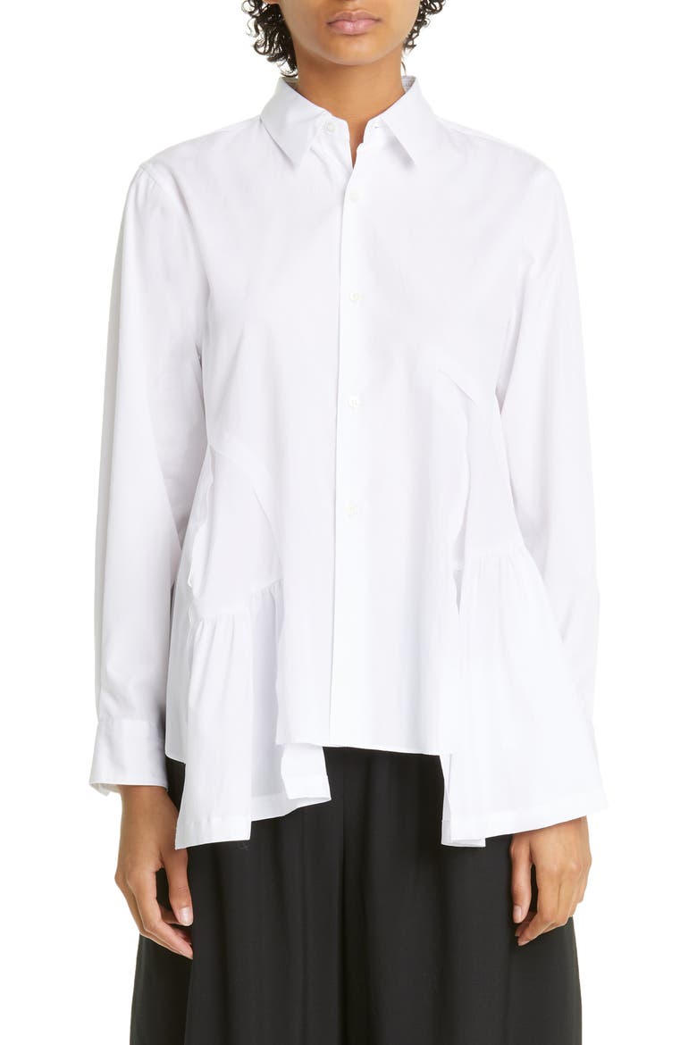 Gathered Inset Cotton Broadcloth Button-Up Shirt, Main, color, WHITE