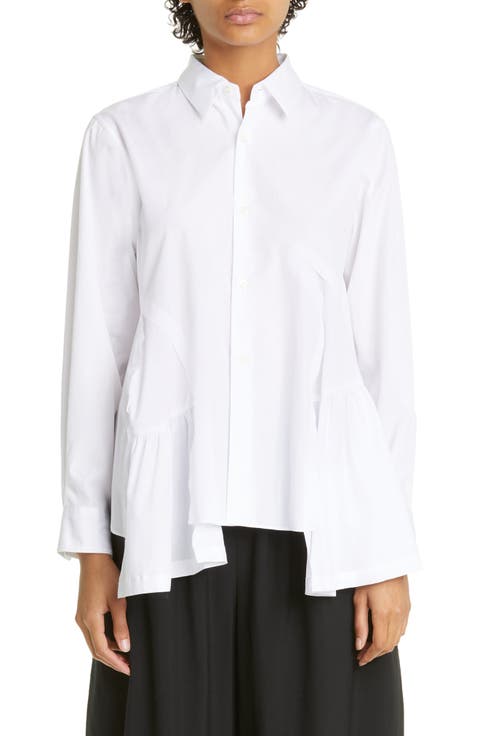 Gathered Inset Cotton Broadcloth Button-Up Shirt