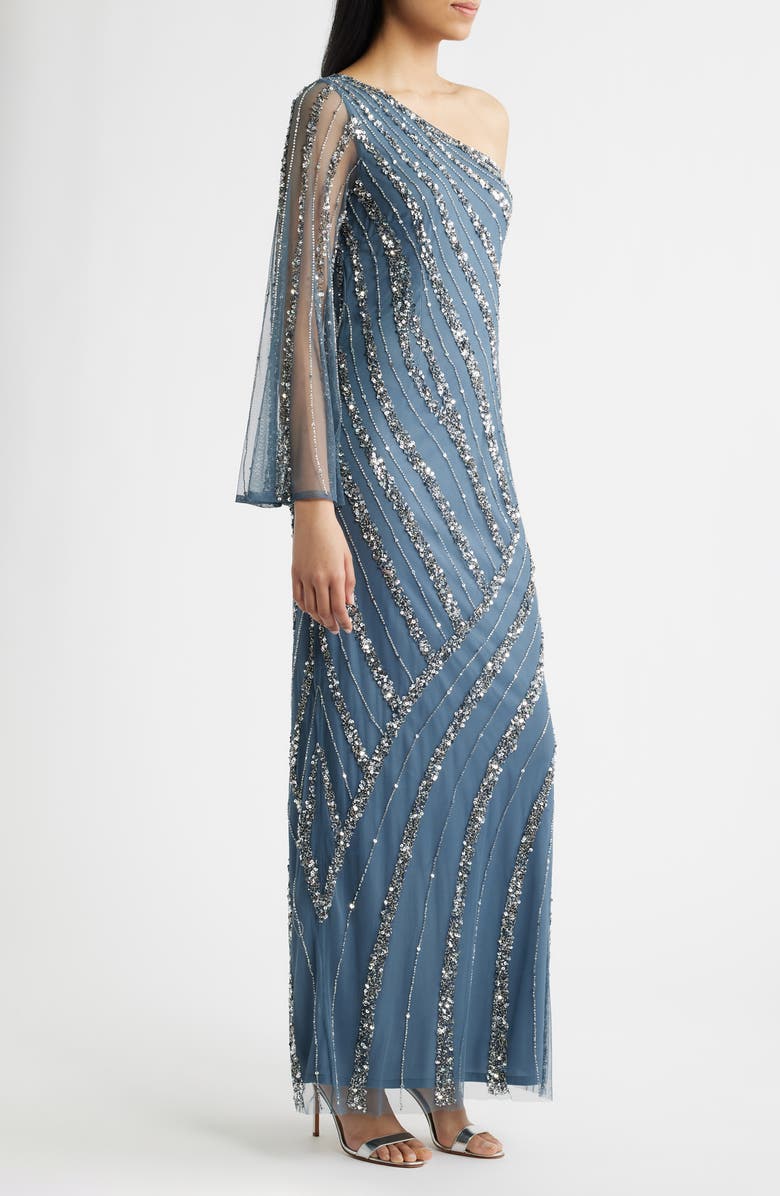 Pisarro Nights Sequin Beaded One-Shoulder Gown, Alternate, color, Grey