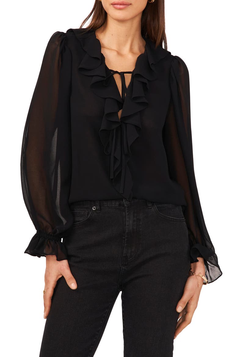 Ruffle Tie Neck Top, Main, color, RICH BLACK