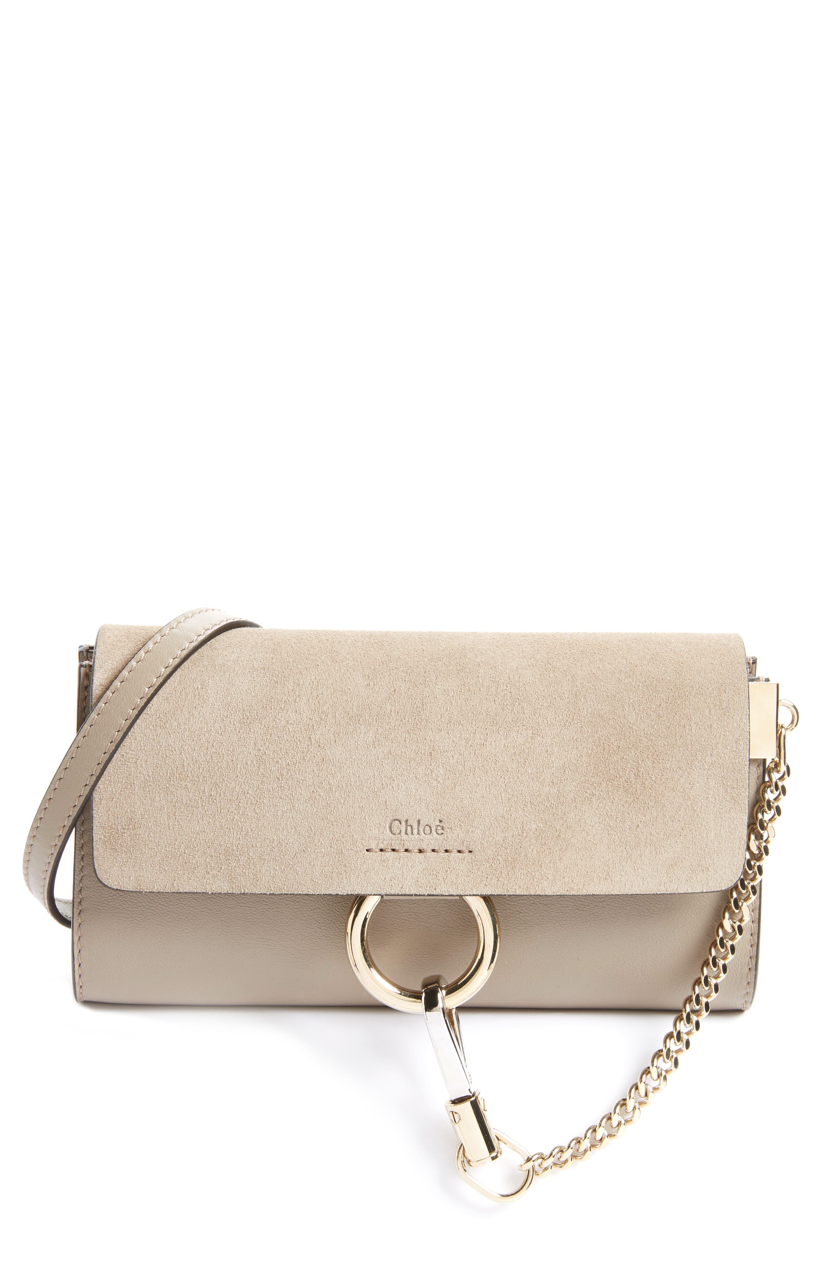 Mini Faye Suede & Leather Wallet on a Chain, Main, color, MOTTY GREY