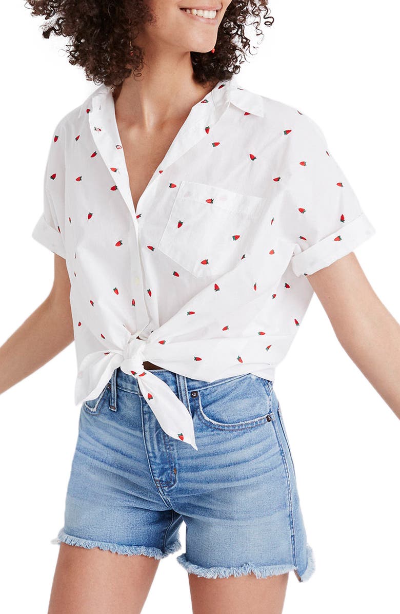 Madewell Strawberry Embroidered Tie Front Shirt, Main, color,