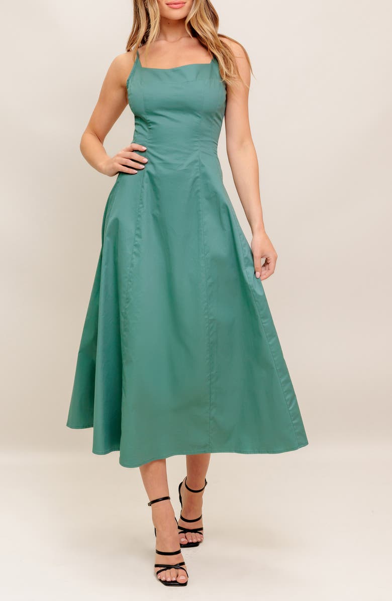 FLYING TOMATO Solid Cotton A-Line Midi Sundress, Alternate, color, Teal Green