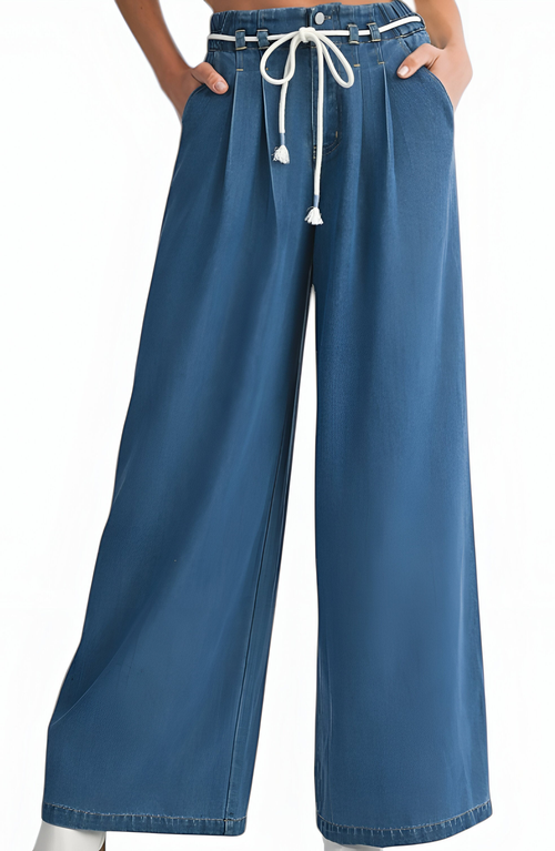 Modenaire Wide Leg Denim Pants With Tassel Drawstring Waist And Pleat Detail In Blue