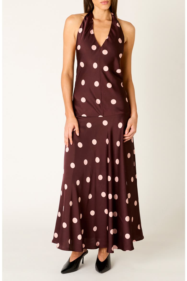 Verona Polka Dot Drop Waist Halter Midi Dress, Main, color, WINE