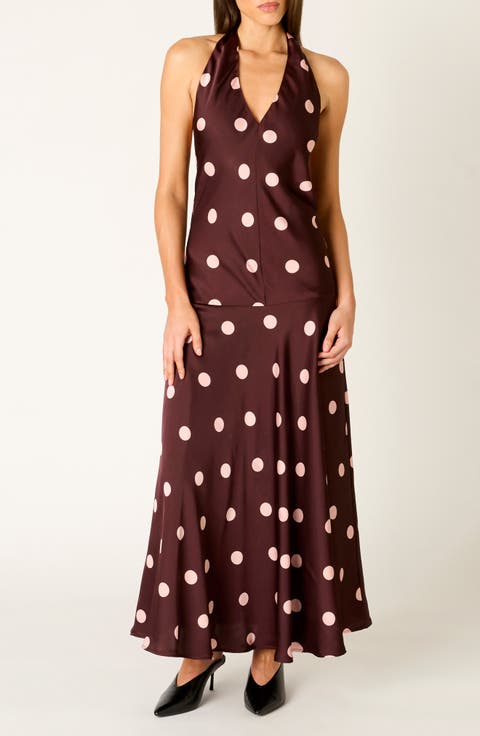 Verona Polka Dot Drop Waist Halter Midi Dress