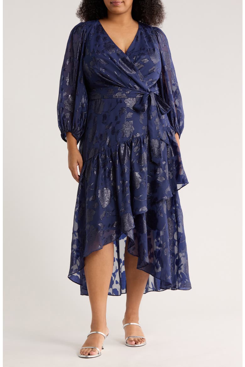 Metallic Long Sleeve High-Low Wrap Dress, Main, color, DISTANT MOUNTAIN
