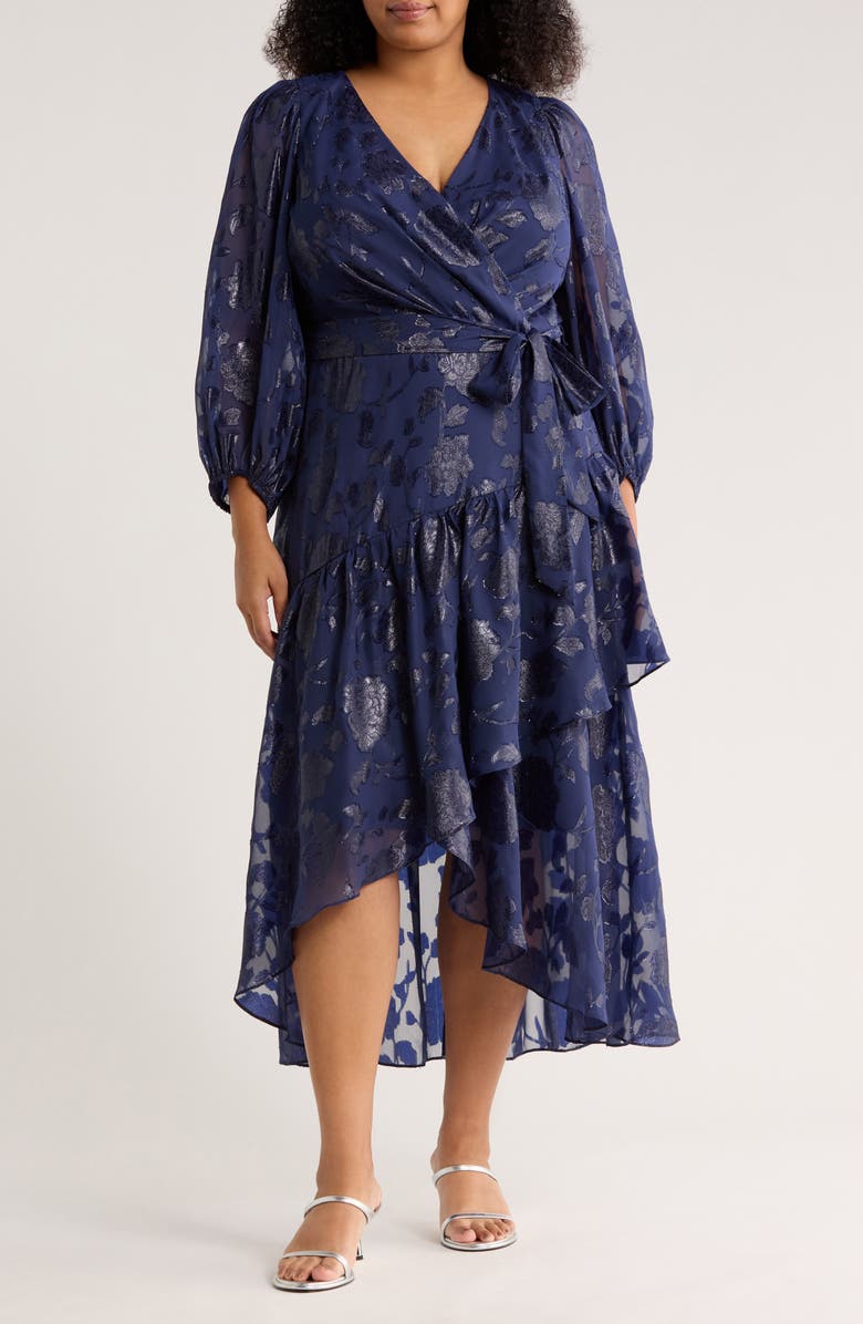 Anne Klein Metallic Long Sleeve High-Low Wrap Dress, Main, color, Distant Mountain