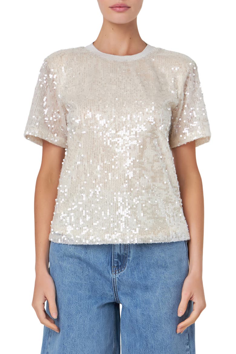 Sequin Padded Shoulder Back Cutout Top, Main, color, NUDE PINK