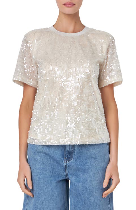 Sequin Padded Shoulder Back Cutout Top