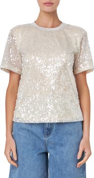 Grey Lab Sequin Padded Shoulder Back Cutout Top
