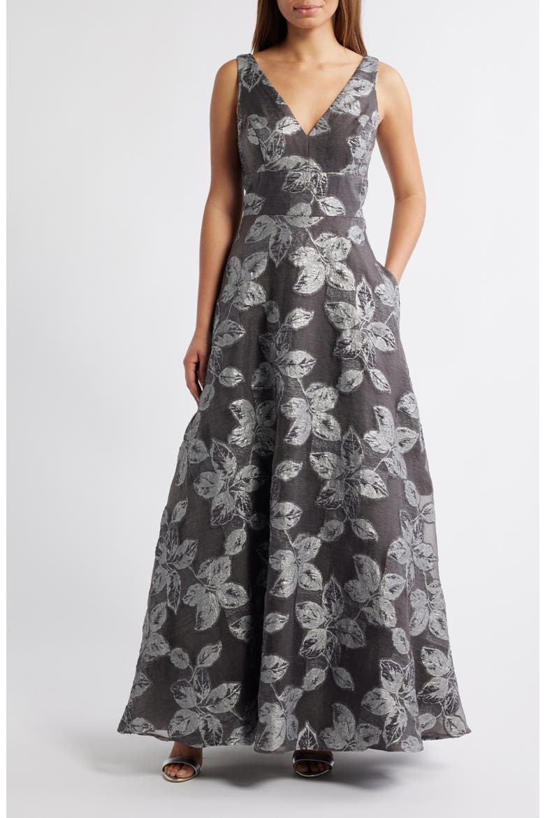 V-Neck Sleeveless Jacquard Ballgown, Main, color, SILVER
