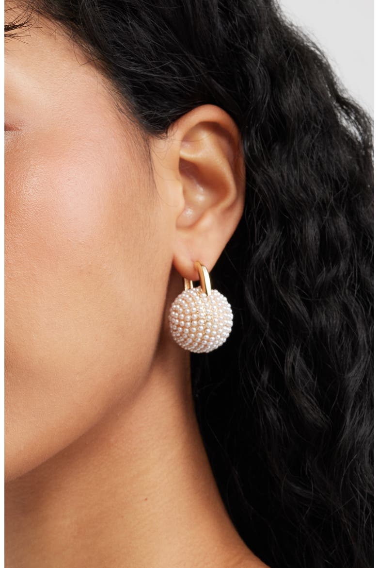 Micro Faux Pearl Pavé Orb Huggie Hoop Earrings, Alternate, color, WHITE- GOLD