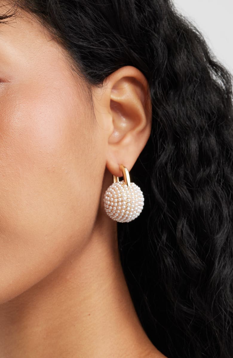 Open Edit Micro Faux Pearl Pavé Orb Huggie Hoop Earrings, Alternate, color, White- Gold