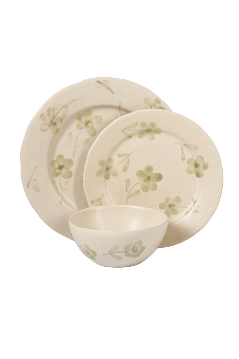 Porto Petals 12 Piece Plates and Bowls Hand Painted Floral Dinnerware Set, Alternate, color, Green Orchid