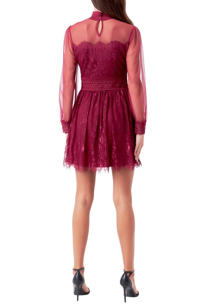 Mixed Lace Long Sleeve Cocktail Dress, Alternate, color, MAROON