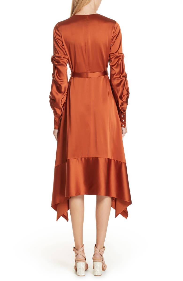 Simkhai Jonathan Simkhai Ruched Sleeve Satin Midi Dress, Alternate, color, 