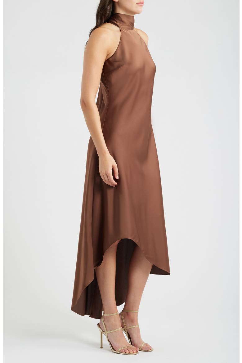 Tie Back Sleeveless High/Low Satin Gown, Alternate, color, COCOA BROWN