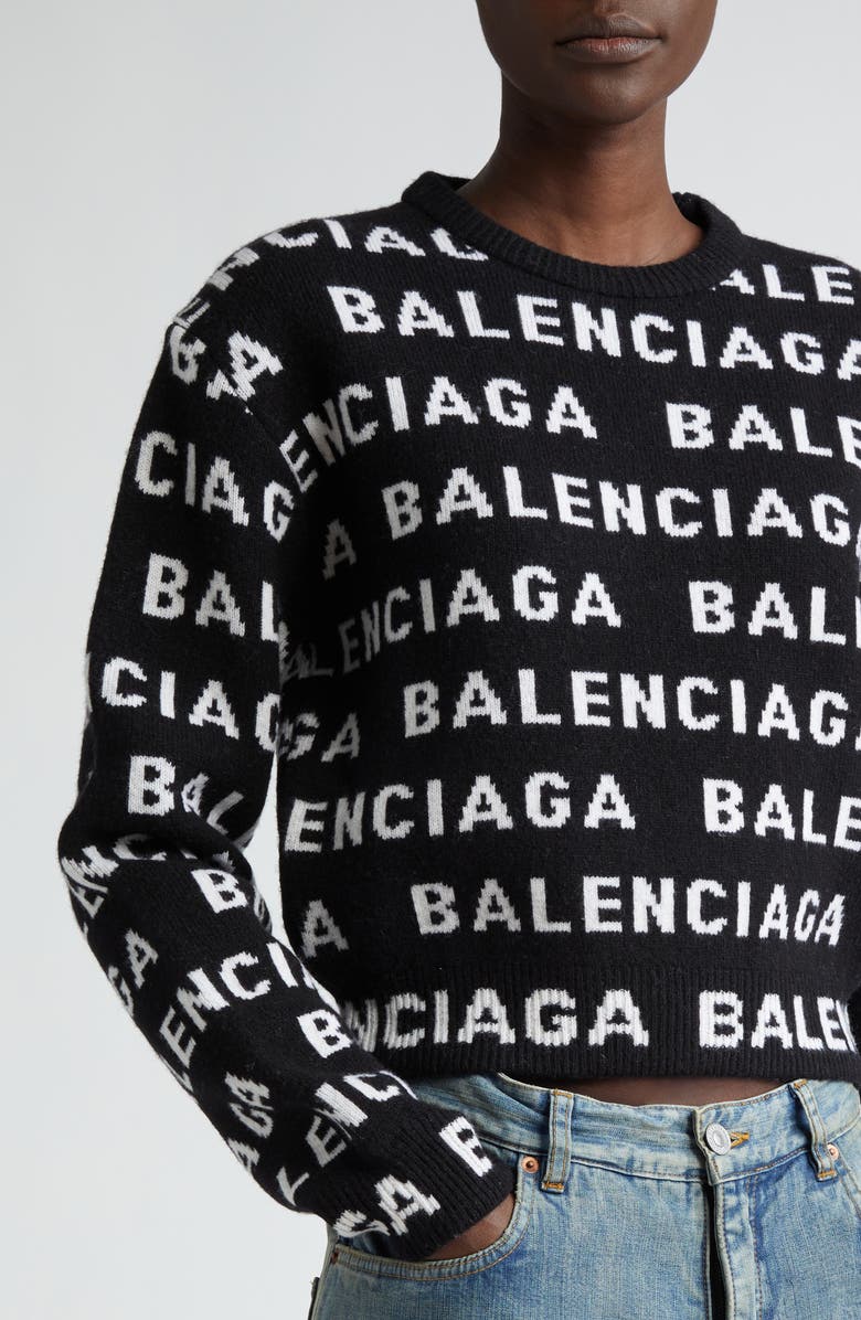 Balenciaga Allover Logo Crop Wool Blend Sweater, Alternate, color,