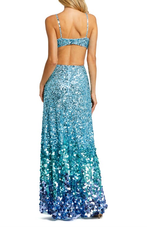 Mac Duggal Thin Strap Cut Out Gown With Ombre Sequins In Ice Blue