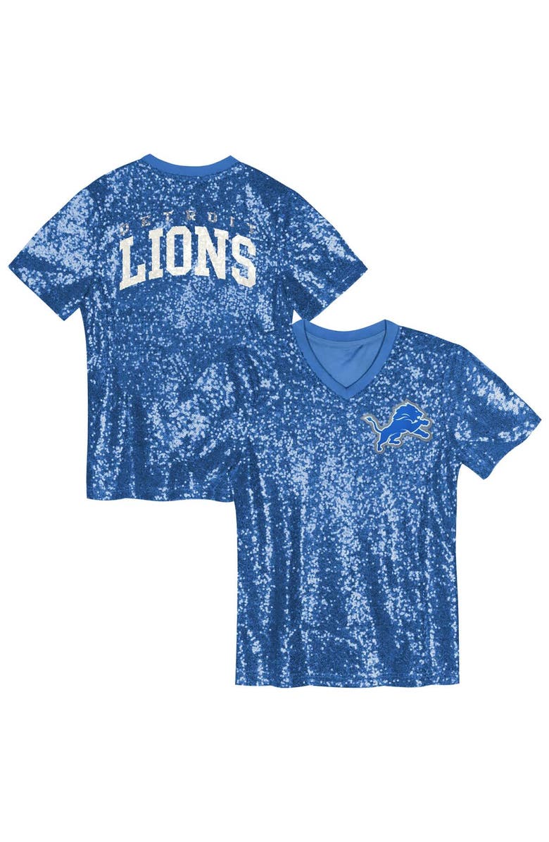 Outerstuff Girls Youth Blue Detroit Lions Wordmark Sequin V-Neck Top, Alternate, color, 