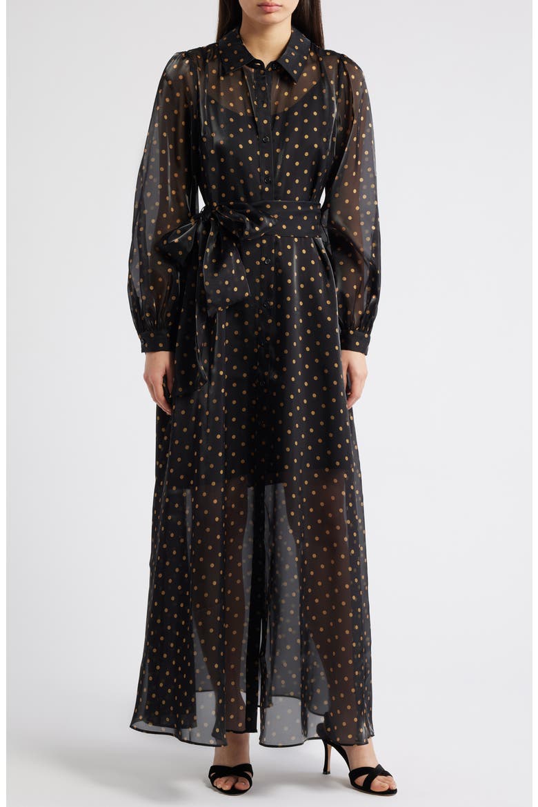 Polka Dot Long Sleeve Sheer Shirtdress, Main, color, BLACK GOLD