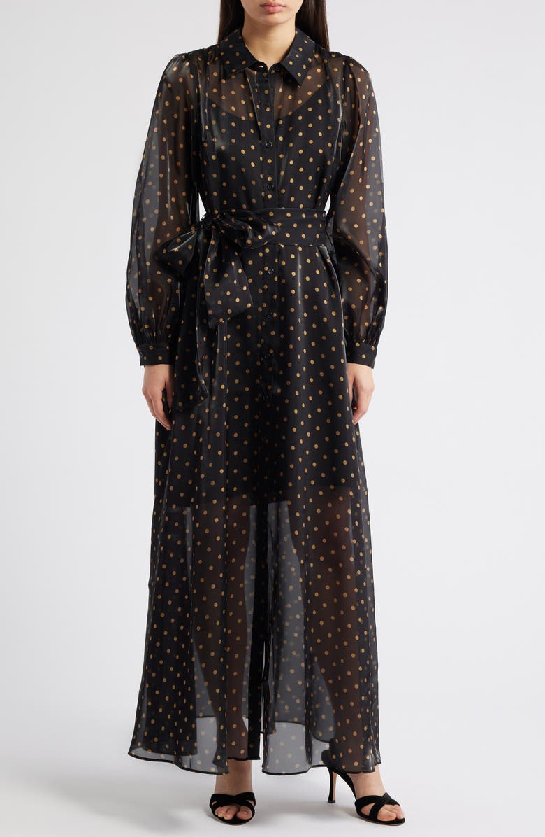 Julia Jordan Polka Dot Long Sleeve Sheer Shirtdress, Main, color, Black Gold