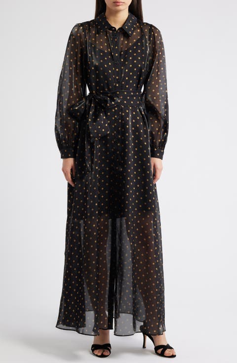 Polka Dot Long Sleeve Sheer Shirtdress