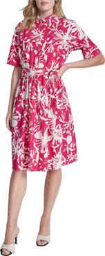 DKNY Floral Elbow-Length Sleeve Cotton Shirtdress