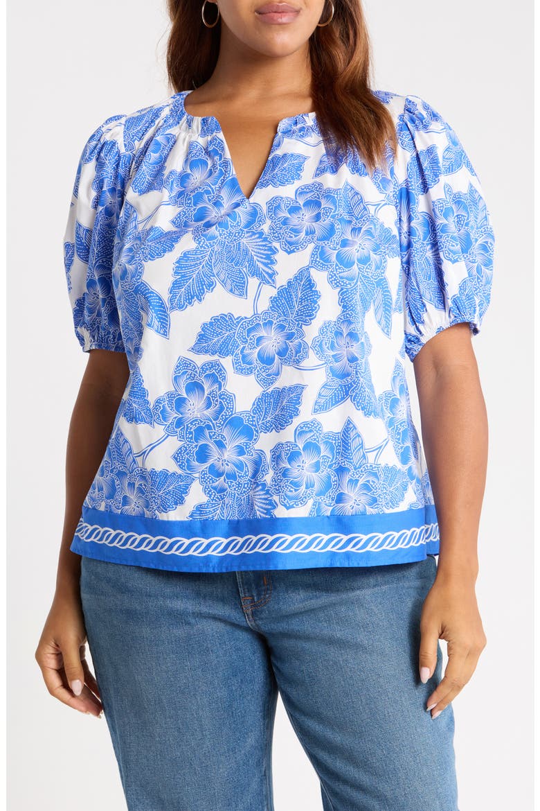 Rency Floral Gily Puff Sleeve Cotton Top, Main, color, WHITE BLUES
