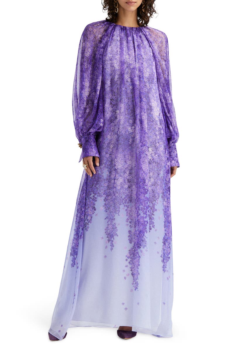 Oscar de la Renta Dégradé Lilac Silk Chiffon Caftan, Alternate, color,