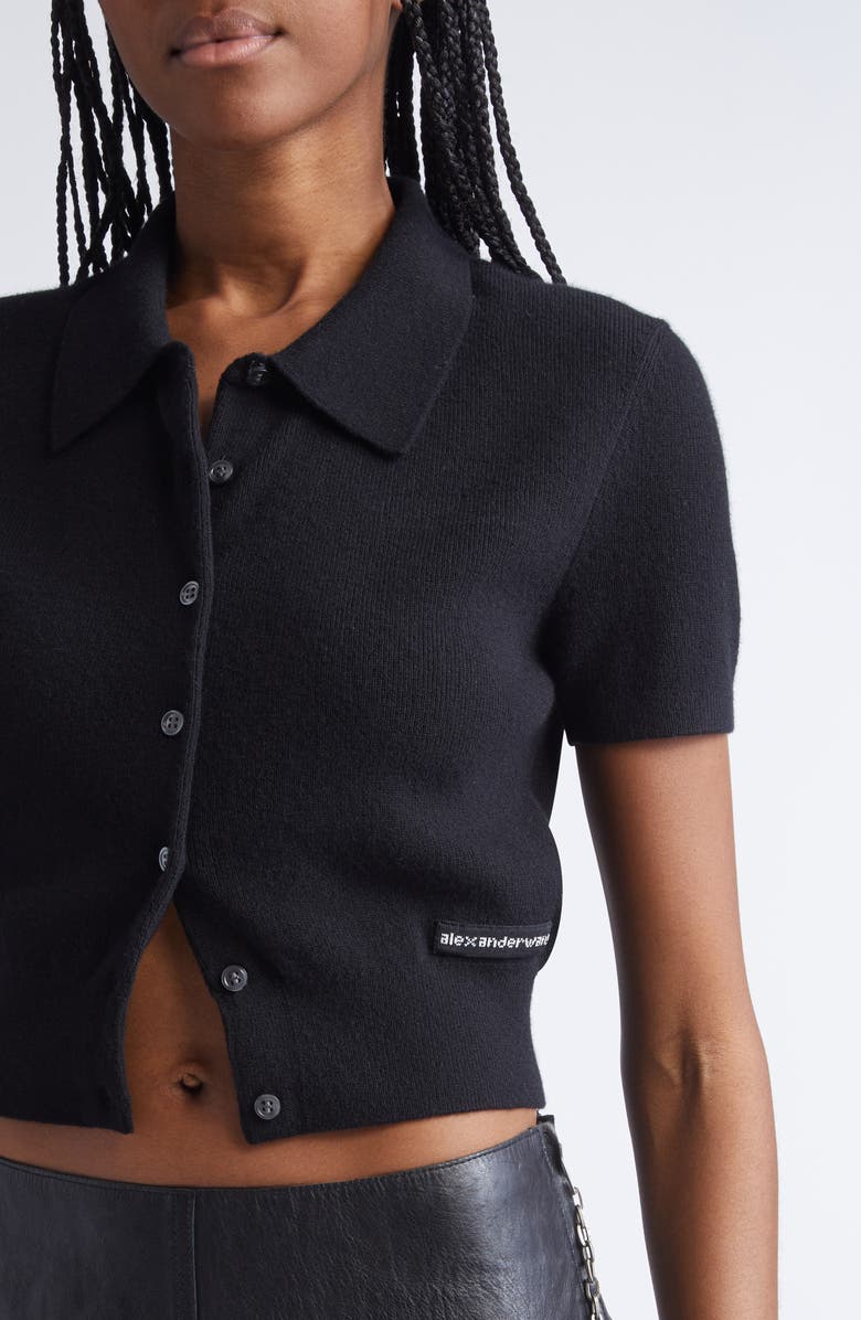 Alexander Wang Logo Short Sleeve Wool Crop Cardigan, Alternate, color, Black